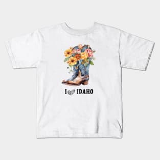 I Love Idaho Boho Cowboy Boots with Flowers Watercolor art Kids T-Shirt